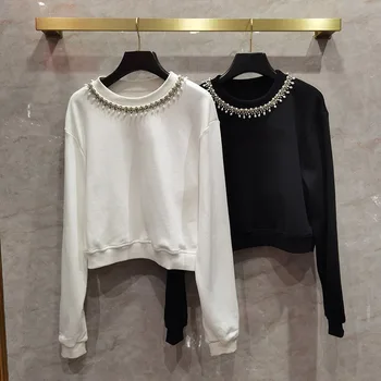 

New Desinger Diamonds Pearls beading sweatshirts Korean style women autumn High quality 100% Cotton short sweatshirt tops C446