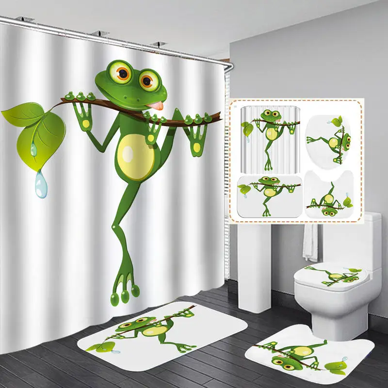

Polyester Fabric Shower Curtain Cute Cartoon Frog Non-Slip Bath Mat Toilet Cover Rugs Home Bathroom Decor Set