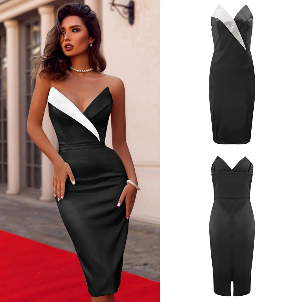 

STYLISH LADY Elegant OL Dress 2020 Summer Women Sleeveless Strapless Bodycon Bandage Patchwork Party Midi Office Lady Dress