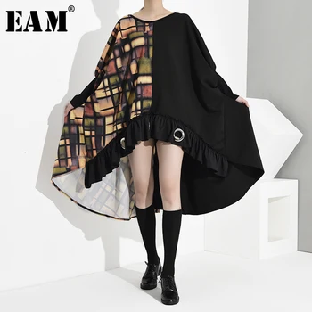 

[EAM] Women Pattern Printed Asymmetrical Big Size Dress New Round Neck Long Sleeve Loose Fit Fashion Spring Autumn 2020 1K668
