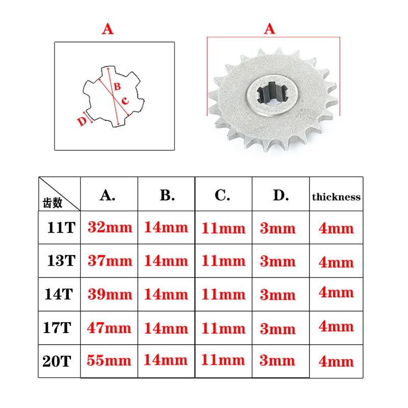 49cc 43cc T8f Tooth Pinion Children's Atv Chains Mini Dirt Pit Bike 11-20 Tooth 2 Stroke Bike Moto Pocket Sprocket Engine Sprocket