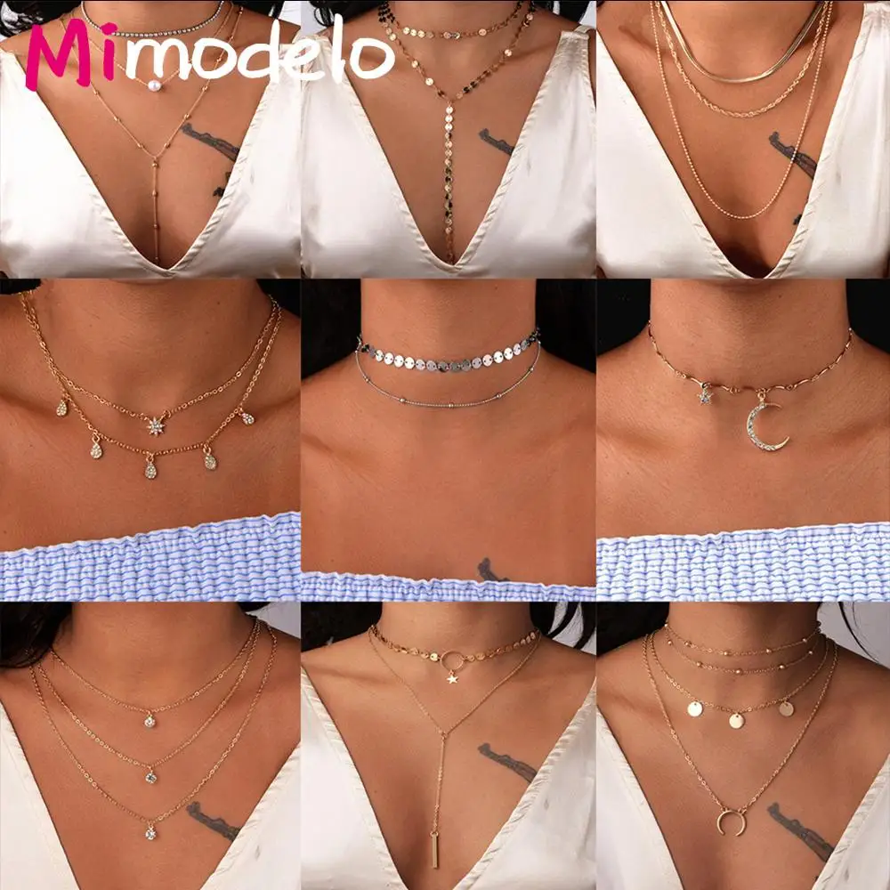 Vintage Multilayer Pendant Necklace Women Gold Color Beads Moon Star Horn Crescent Choker Necklaces Jewelry | Украшения и
