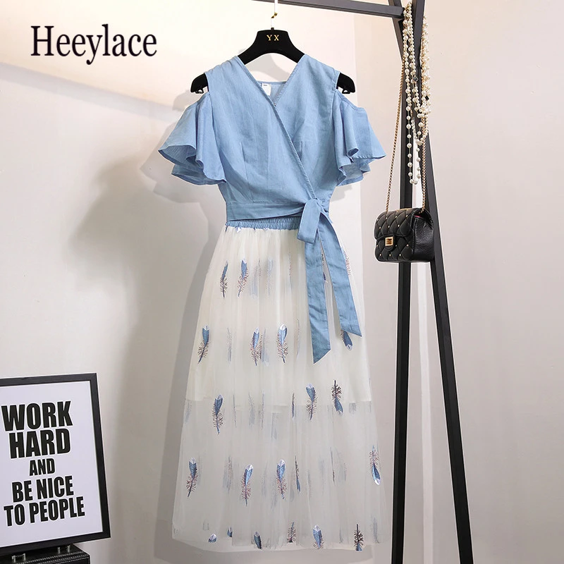 

Summer Women's 2 Piece Set Korean style Sweet Blue Off Shoulder Lace Up Shirts + White Feather Embroidery Mesh Long Skirt Set