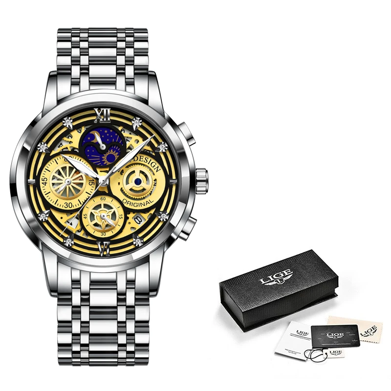 2021 New LIGE Sport Men Watch Top Brand Luxury Gold Stainless Steel Quartz Wrsit Watch Men Fashion Hollow Waterproof Chronograph 