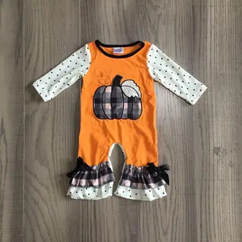 

girlymax infant baby Halloweenclothes girl fall ruffle romper toddler baby pumpkin embroider romper