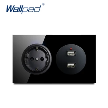 

Wallpad EU German With 2 USB Charger 5V 2400MA Wall Power Socket Crystal Tempered Pure Black Glass Panel Outlet 146*86mm