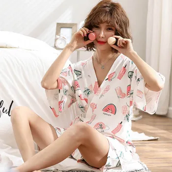 

Ladies Cartoon Printing Sleepwear Women Comfort Kimono Style Female Homewear Summer New V-Neck Short Sleeve+Shorts Casual Wear