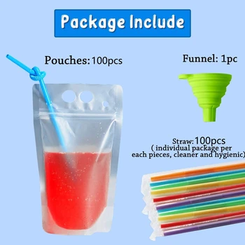 

100Pcs 500Ml Drink Pouches Juice Beverage Bags Stand-Up Self-Sealing Candy Bag with Straws&Funnel for Cold & Hot Drinks