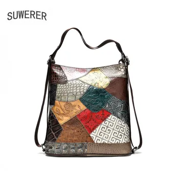 

SUWERER NEW Real Cowhide Color stitching Women Genuine Leather bags cowhide leather shoulder bag women crossbody bags for women