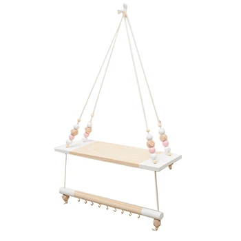 

Nordic Children Room Decorative Storage Rack Double Wooden Bead Tassels Shelves Wall Rope Hanging Shelf Home Hook Kids Coat Rack