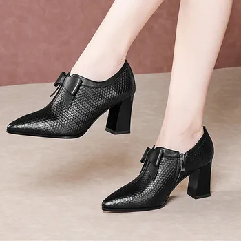 

Spring autumn Genuine Leather Shallow Women Brand Pumps Elegant Office Basic Dancing Shoes Woman Plus Size Square Heels