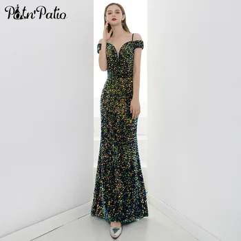 

Sexy Off The Shoulder Spaghetti Straps Mermaid Prom Dresses 2020 Elegant Floor-length Sequin Evening Gowns Long