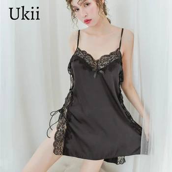 

Ukii Sexy Floral Satin Nightgown Sleepdress High Split Lace Up Bandage Women Lounge Wear Mujer Female Lingerie Summer Dropship