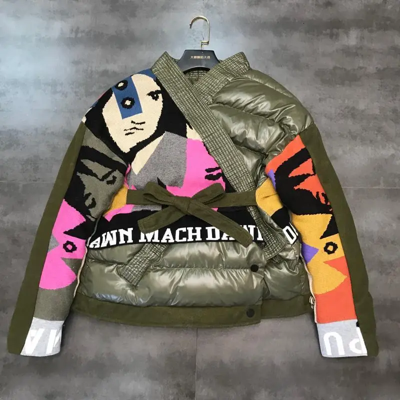 DEAT зимнее армейское зеленое трикотажное лоскутное плотное хлопковое пальто с рисунком из мультфильма Женская куртка с поясом 19J-a97