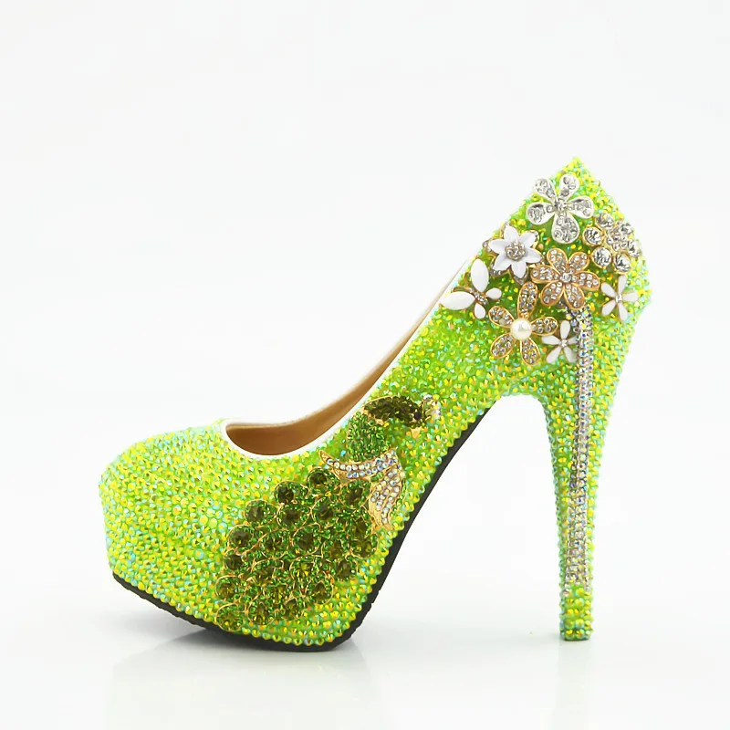

New Green Bling Crystal Women Party Dress Shoes Bride Wedding Shoes Peacock Rhinestone Lady Platform 11cm Super High Heels Pumps