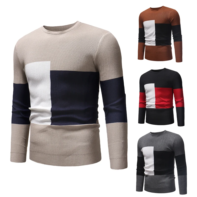 Jersey de punto con cuello redondo para hombre, Jersey informal de alta calidad con empalme geométrico de marca a la moda para primavera y otoño