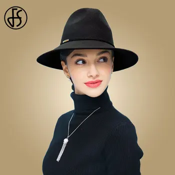 

FS Women Wool Fedora Hat With Belt Elegant Lady Winter Autumn Black Wide Brim Hats Jazz Church Trilby Panama Sombrero Cap