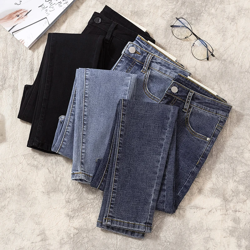 Осенние женские черные джинсы размера плюс, винтажные женские весенние Джинсовые штаны с высокой талией, Эластичные Обтягивающие джинсы-карандаш