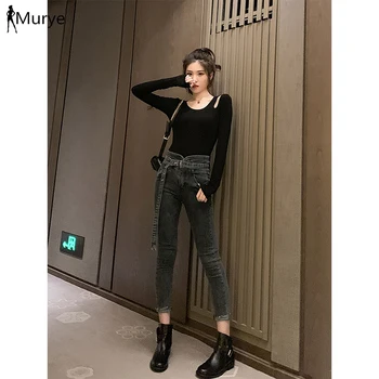 

new jeans women high waist denim pants belt pencil trousers shinny ripped mo ladies mom jeans slim straight women clothes 2019