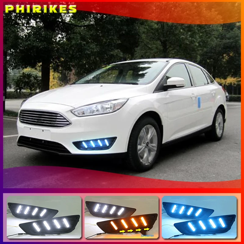 

2PCS For Ford Focus 3 mk3 2015 2016 2017 2018 LED DRL daytime running lights daylight with Yellow signal fog lamp
