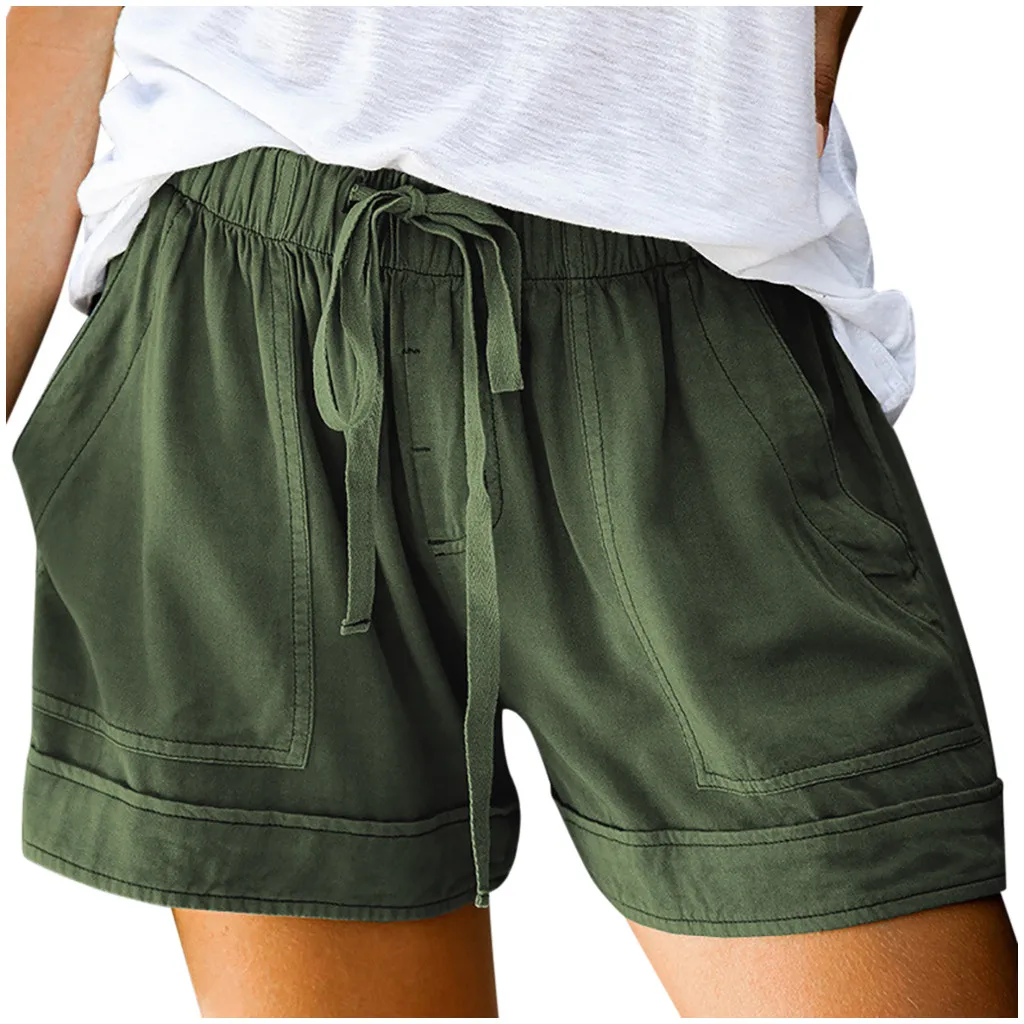 Pantalones cortos deportivos para mujer, con empalme de cordón, holgados, con bolsillos, cintura elástica, colores caramelo, de talla grande
