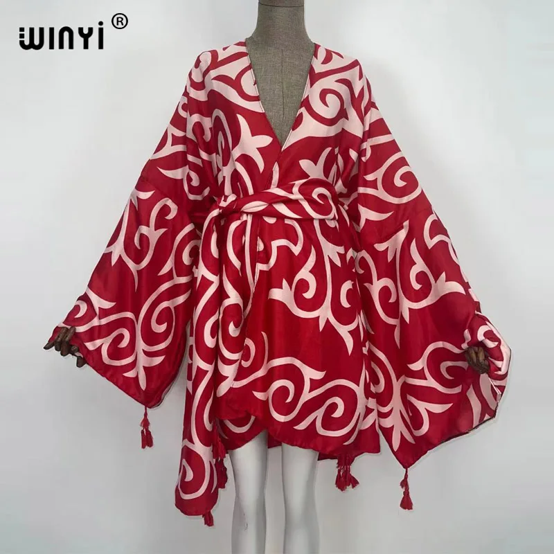 2021 WINYI new Cotton Bikini Sweet Lady Pink Boho Print Self Belted Front Open Long Kimono Dress Beach Tunic Women Wrap Dresses bathing suit with matching cover up Cover-Ups