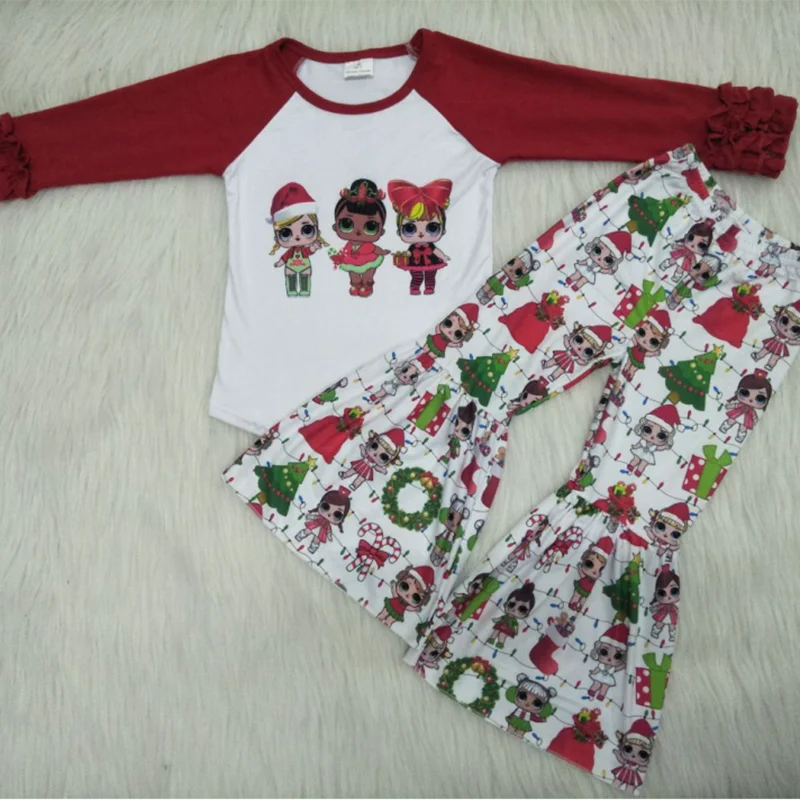 Рождественский наряд с кукольным узором, Колокольчик для елки, штаны с нижней частью, модный эксклюзивный комплект одежды с длинными рукавами для маленьких девочек, комплект из 2 предметов