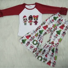 Рождественский наряд с кукольным узором, Колокольчик для елки, штаны с нижней частью, модный эксклюзивный комплект одежды с длинными рукавами для маленьких девочек, комплект из 2 предметов