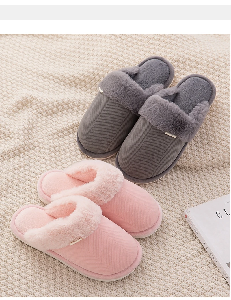 Puimentiua Women Winter Warm Indoor Slippers Women's Solid Soft Plush Flip Flops Home Shoes Cotton Home Slippers Couples