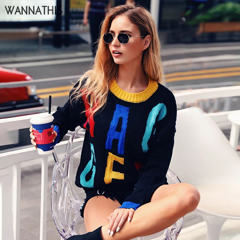 

WannaThis Letter Embroidery Black Patchwork Sweater Women ONeck Loose Casual Warm Winter Long Sleeve Pullover Streetwear Jumper