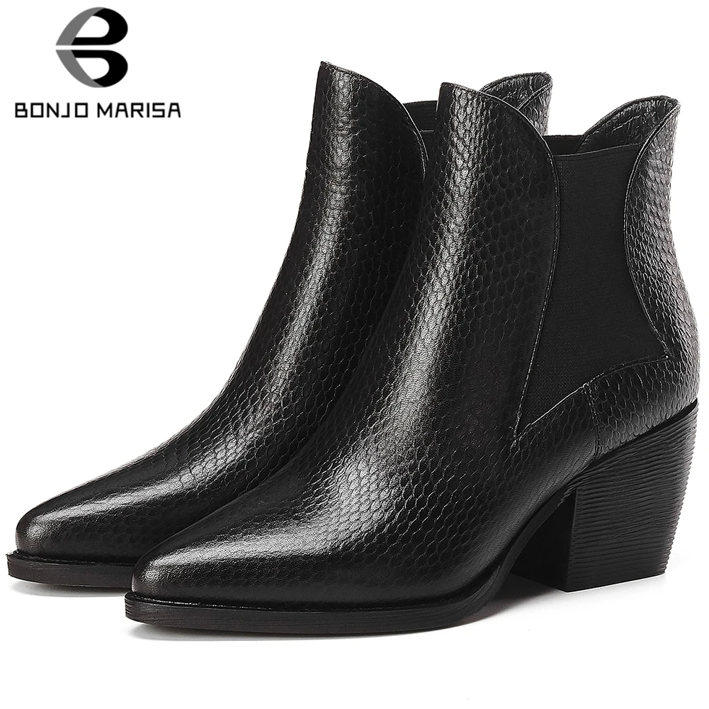 

BONJOMARISA 33-42 Luxury Brand Pointed Toe Chelsea Boots Lady Genuine Leather Ankle Boots Women 2020 OL High Heel Shoes Woman