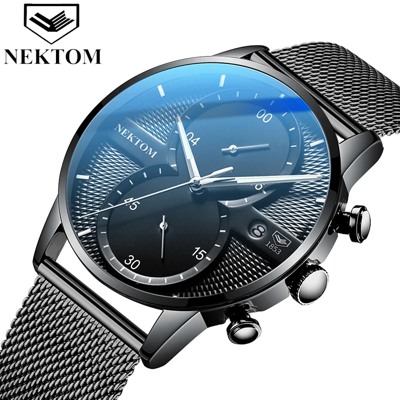 NEKTOM Watch Men 2020 New Fashion Military Sports Watches Stainless Steel Strap Analog Military Quartz Clock Zegarek Meski