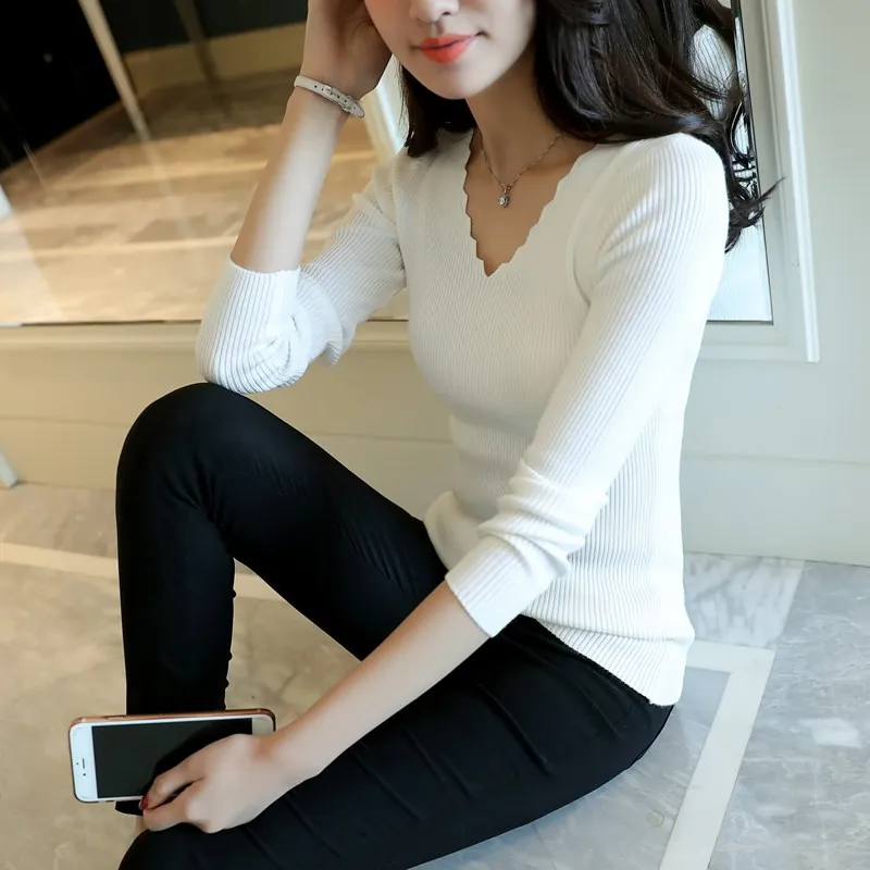 Pull Femme Hiver, Осень-зима, вязаные женские свитера и пуловеры, v-образный вырез, длинный рукав, одноцветные, тонкие, женские топы, Chandail Femme