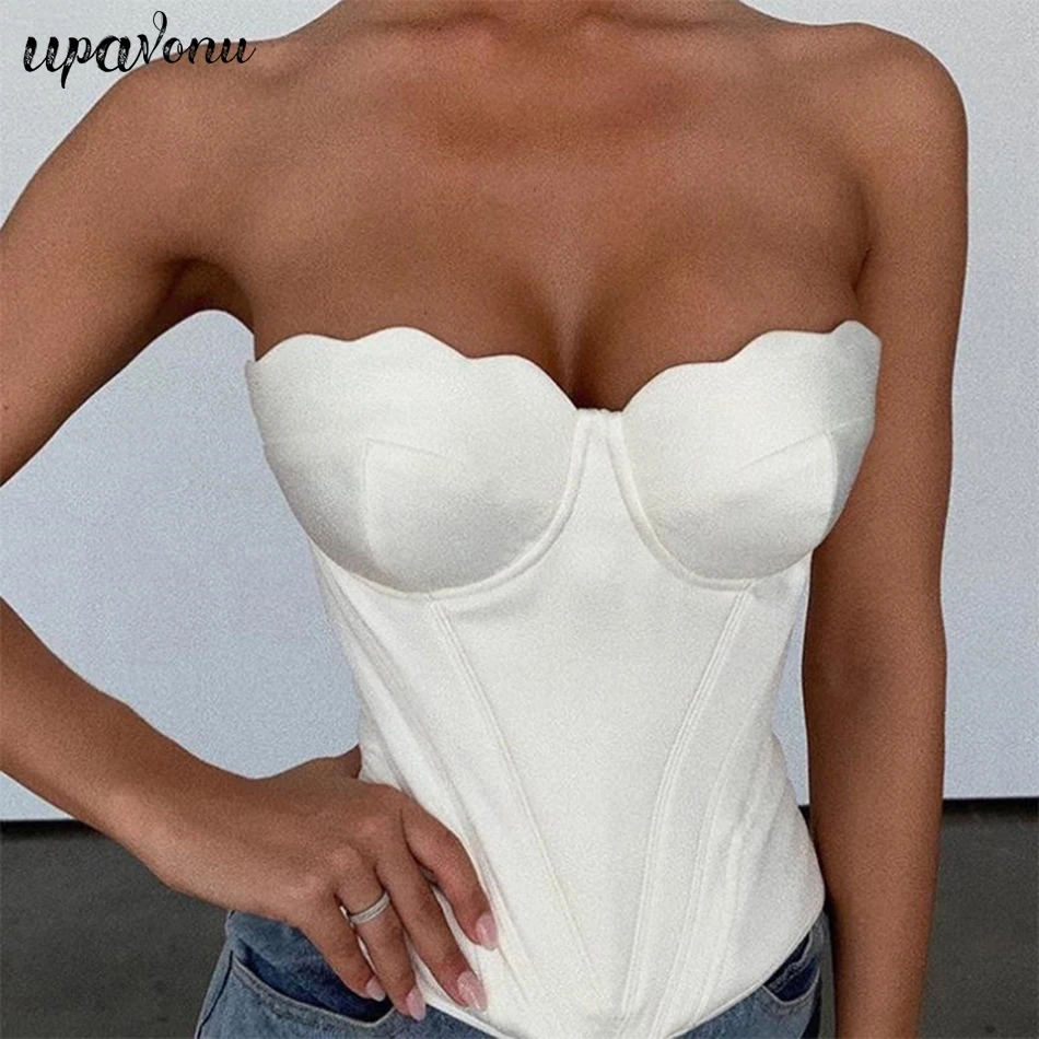 

Off-The-Shoulder Pu Leather Tube Top Strapless Sleeveless White Shirt Tight Sexy Navel Shirt Zipper Vest Slim Club Coat Autumn