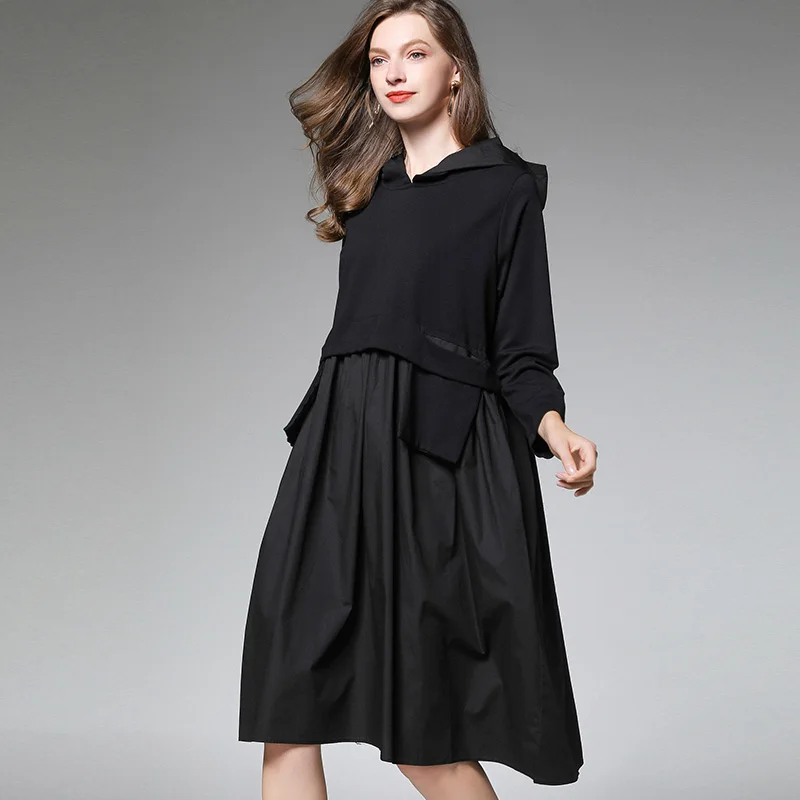 Женская одежда больших размеров, модные Лоскутные Платья, свободное платье с капюшоном, Черное женское платье большого размера, контрастные цвета, один размер - Цвет: Черный
