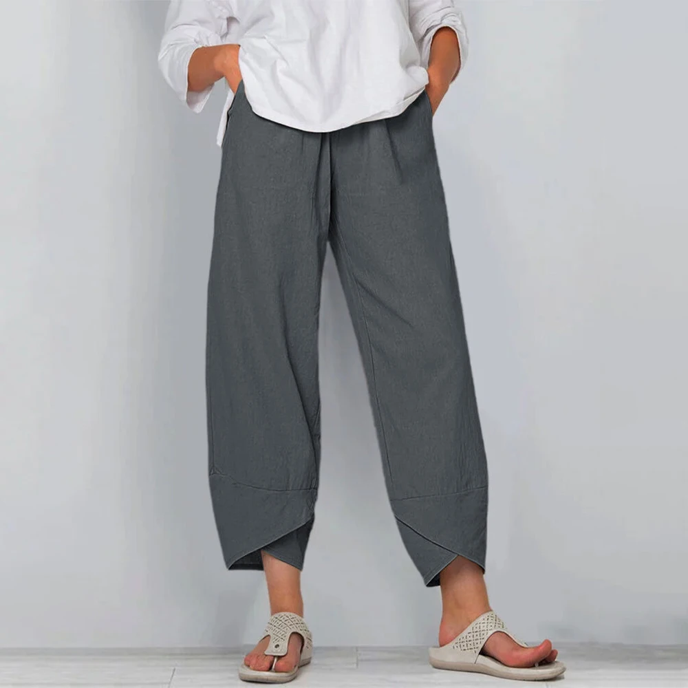 CYSINCOS Vintage Linen Pants Women's Summer Trousers Casual Elastic Waist Asymmetrical Pantalon Female Cropped Pants Oversized