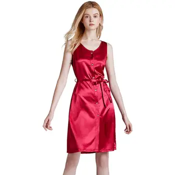 

Women Imitation Silk Sleeveless Nightgown Open Front Button Sleepwear Nightdress M7DD