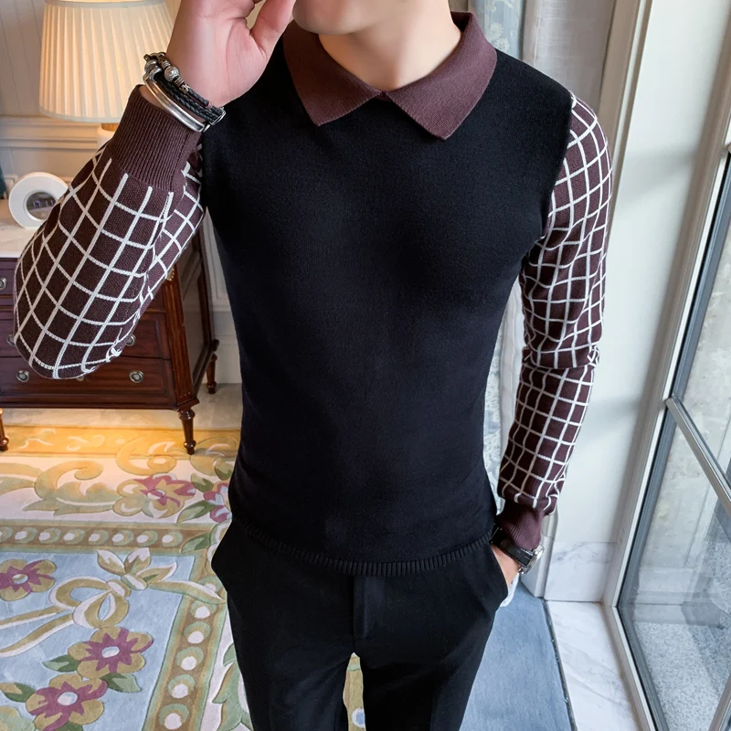 Для мужчин осень-зима и клетчатым Slim Fit Бизнес Повседневное вязаный пуловер, свитер для мужчин джемпер свитер с отложным воротником