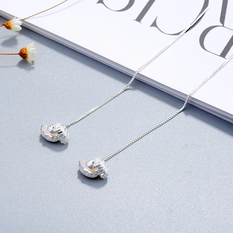

925 Sterling Silver Shell Threader Earrings Pearl Pull Througth Tassel Earrings Romantic Jewelry for Women Free Shipping