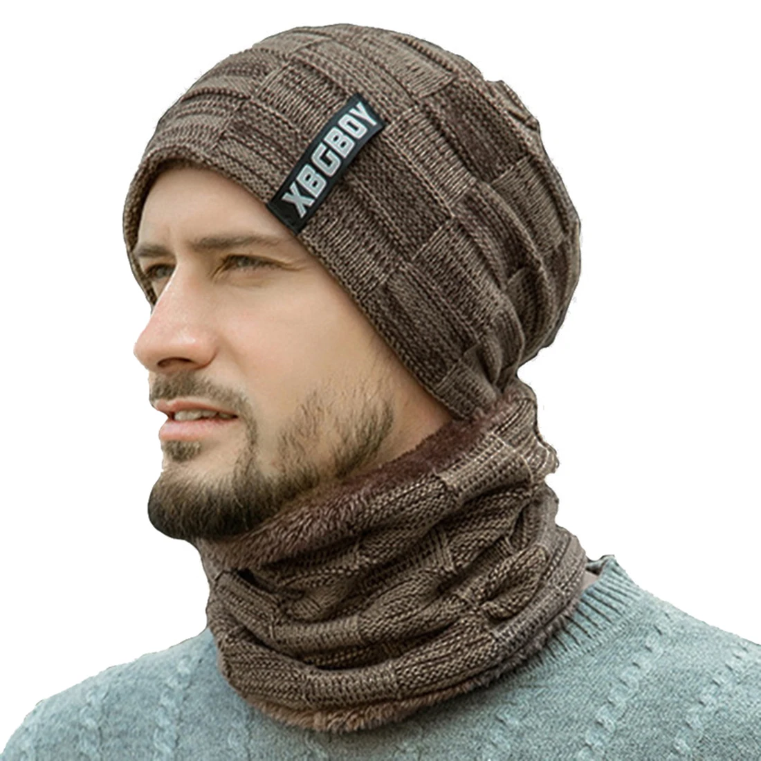 

2 Pieces Beanie Hat+Scarf Set Fashion Men 2020 New Winter Warm Knitted Thicken Skull Caps and Soft Plush Wool Scarves