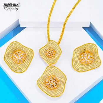 

missvikki Luxury Dubai 2PCS Big Shiny Flower Pendant Earring Necklace Jewelry Set Super CZ Bridal Wedding New Design Accessories