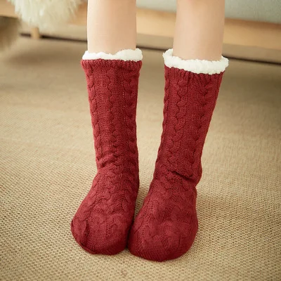 Домашние теплые носки без пятки; женские мягкие уютные пушистые носки на флисовой подкладке; Рождественский подарок с захватами; домашние носки; сезон осень-зима - Цвет: Красный