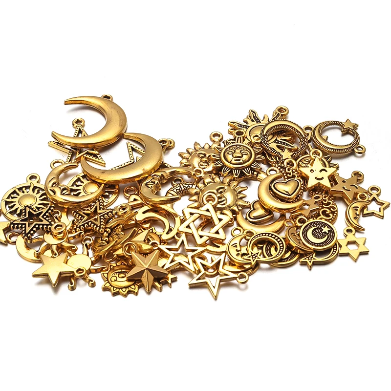 Vintage 30/50/100PCS Random Mix Star Moon Sun Alloy Pendant Charms For Jewelry M