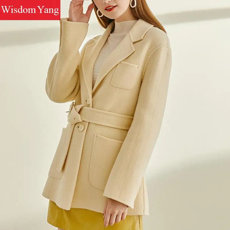 Seller Winter Coats Women Yellow Warm Wool Suits Jackets Elegant Formal Wrap Woolen Autumn Overcoat Slim Woollen Outerwear Korean Coat