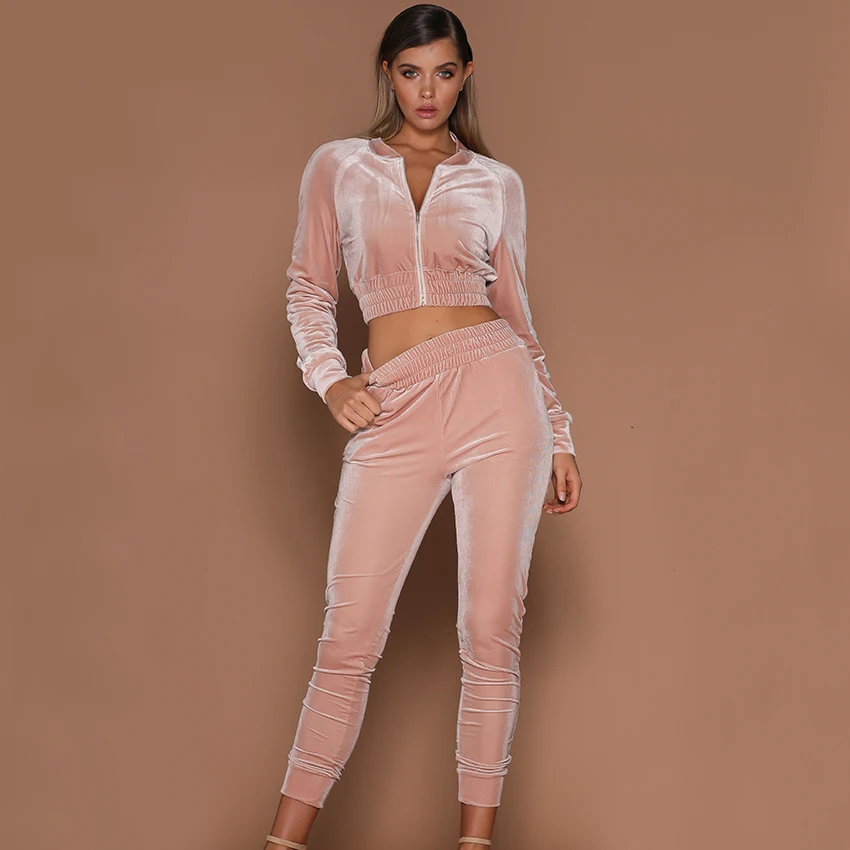 InstaHot/комплект из двух предметов из плотного бархата на молнии с круглым вырезом и эластичными брюками-карандашами женский осенне-зимний спортивный костюм - Цвет: Pink