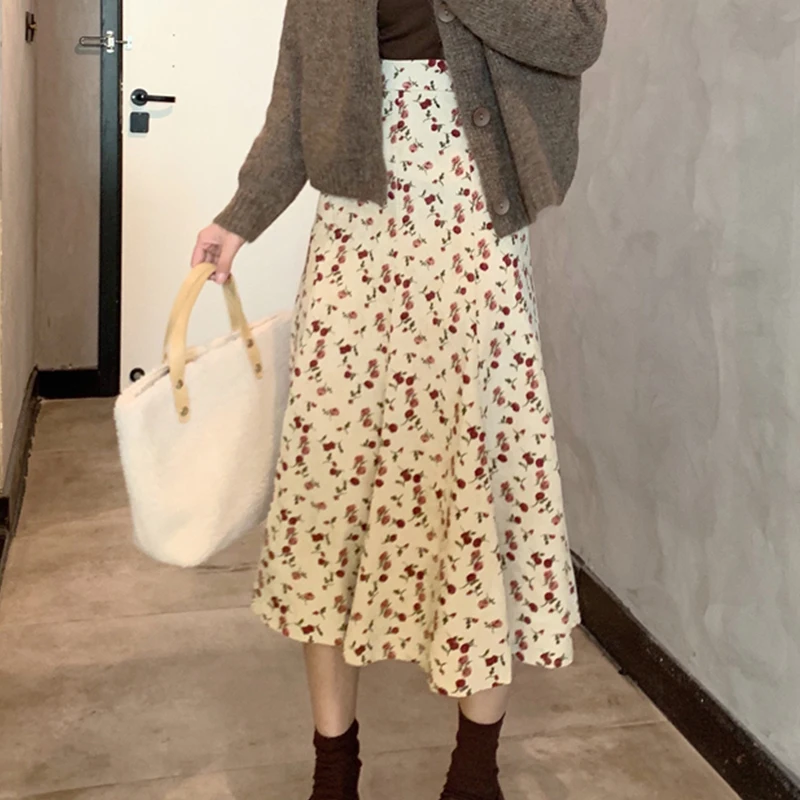 Harajuku Floral Print Woman Skirt Korea High Waist Loose A-Line Skirt Ladies The New Simple Slim Fit Autumn Skirt Women