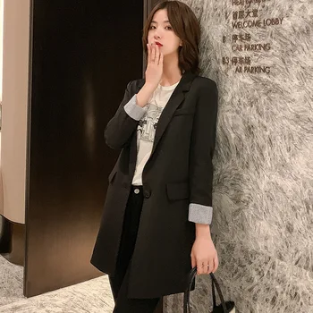

Blue Long Blazer Coat Women 2019 Casual Black Jacket Women Office Wear Fashion Solid Top Suit Women Elegant Blazer Plus Size