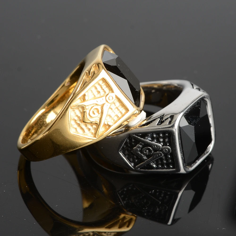 Мужской высокое качество мужские цвета: золотистый, серебристый AAA+ Циркон масон, Масонство масонское кольцо Нержавеющая сталь группа каменное кольцо для мужчин