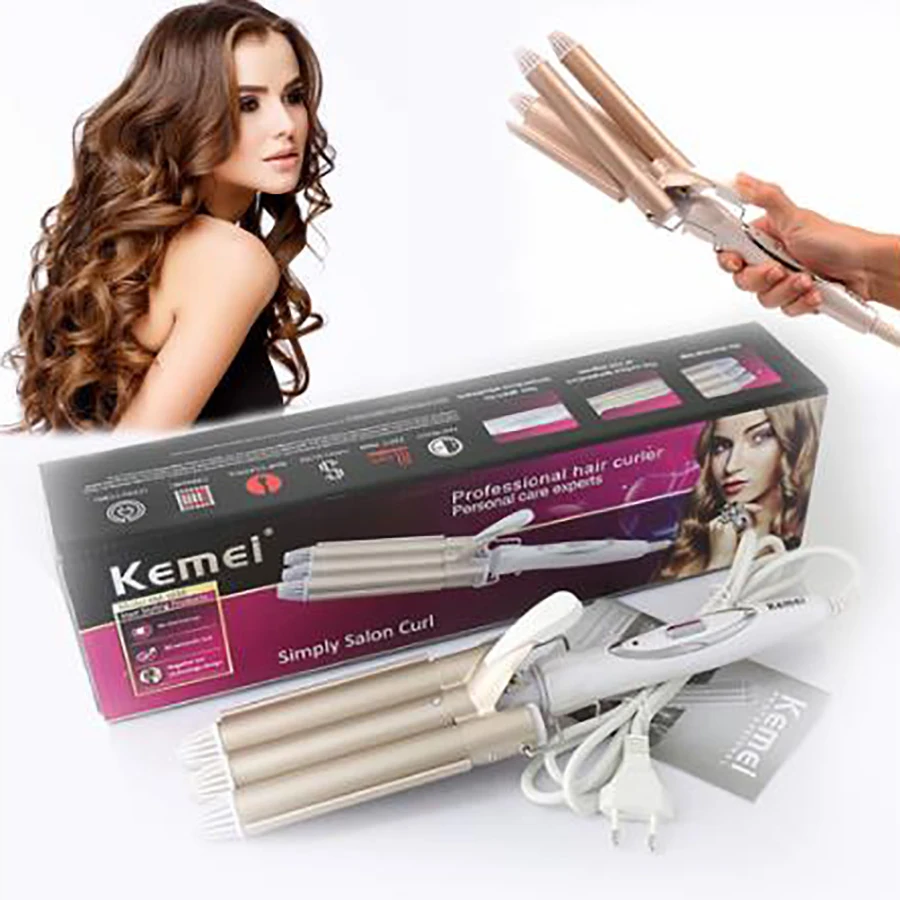 

KEMEI KM-1010 triple 3-barrel ceramic curling iron hair styling tool Waver Styler crimping machine deep wave curling iron