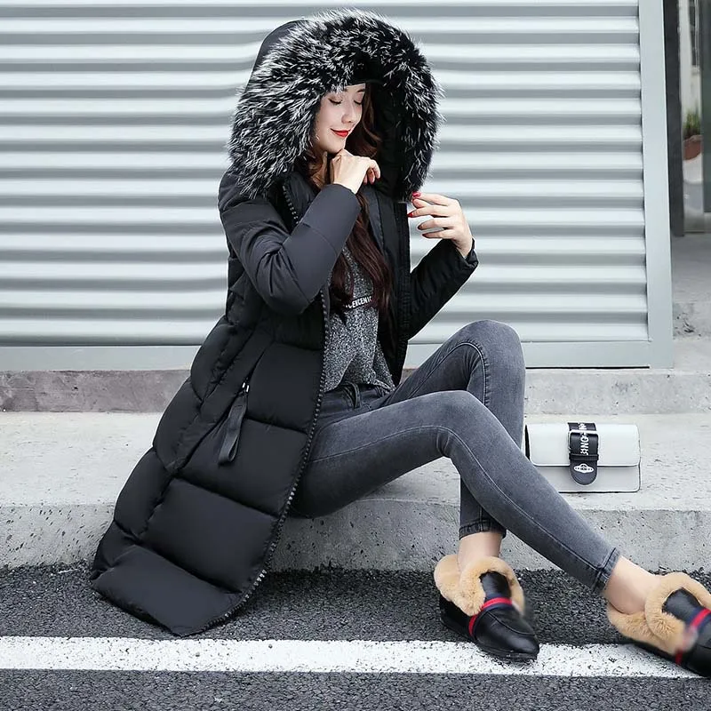 Зимняя куртка женская длинная парка с меховым воротником повседневное приталенное Женское зимнее пальто модная женская куртка с хлопковой подкладкой теплое длинное пальто - Цвет: Черный
